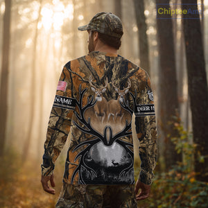 Whitetail Deer Hunting Camouflage Shirts with US Flag, Custom Hunting Shirt for Hunters NBT164