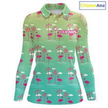 Load image into Gallery viewer, Pink Flamingo Palm Tree Womens Golf Polo Shirt, Tropical Golf Shirt, Cute Flamingo Print Summer Polo NBT538
