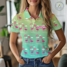 Load image into Gallery viewer, Pink Flamingo Palm Tree Womens Golf Polo Shirt, Tropical Golf Shirt, Cute Flamingo Print Summer Polo NBT538