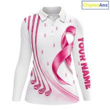 Load image into Gallery viewer, Front views of a womens breast caner awareness pink ribbon golf polo shirt, your name on the sleeve.
