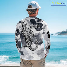 Load image into Gallery viewer, Man wearing personalized fish skeleton fishing shirt with custom team name on the back