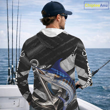 Load image into Gallery viewer, Personalized Marlin Long Sleeve Hooded Fishing Shirts Anchor Vector Custom Name Black Camo, Saltwater Fishing Shirts NBT473