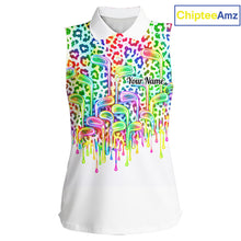 Load image into Gallery viewer, Womens Sleeveless Golf Polo Shirts Colorful Neon Watercolor Leopard Custom Name White Golf Shirts NBT509