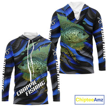 Load image into Gallery viewer, Custom Crappie Fishing Blue Camo Long Sleeve Hooded Fishing Shirts, Crappie Fishing Shirts NBT390