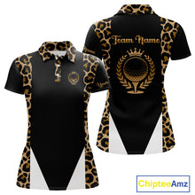 Load image into Gallery viewer, Womens Golf Polo Shirts Brown Leopard Pattern Black Golf Shirt Custom Name Golf Wear For Ladies NBT560
