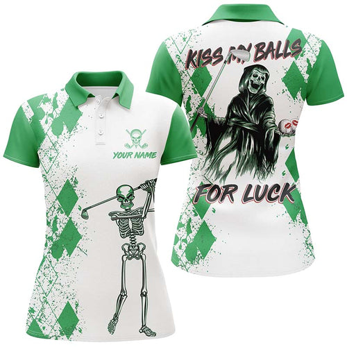 Kiss My Balls Golf Polo Shirts Skeleton Green Argyle Scary Halloween Golf Shirts For Women  LDT0324