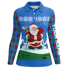 Load image into Gallery viewer, Golf Santa Argyle Pattern Blue Christmas Golf Polos Custom Golf Shirts For Women Golf Gifts LDT1024