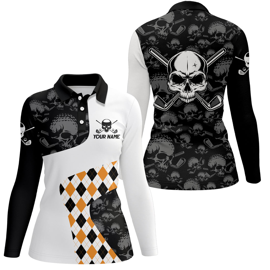 Halloween Orange Argyle Pattern Golf Polo Shirt Skull Golf Shirts For Women Crazy Golf Gifts LDT0545