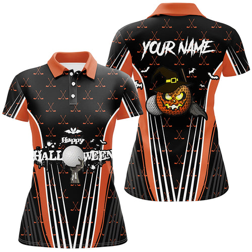 Happy Halloween Golf Polo Shirts Custom Orange Black Golf Shirts For Women, Crazy Golf Gifts LDT0322
