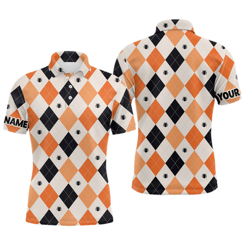 Halloween Argyle Plaid With Spider Mens Golf Polo Shirts Orange Black Golf Shirts For Men LDT0378