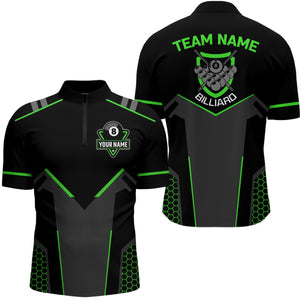 Personalized Black Green 8 Ball Billiard 3D Quarter-Zip Shirts For Men, 8 Ball Pool Team Jerseys VHM1058