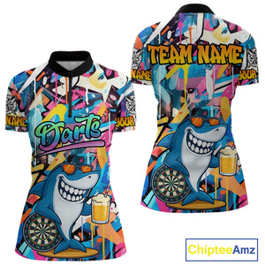 Funny Shark Colorful Graffiti Style Custom Dart Shirts For Women, Dart Team Jersey Best Darts Outfit TDM3849