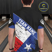 Load image into Gallery viewer, Back view of man wearing a grunge Texas flag bowling polo shirt inside a bowling alley.