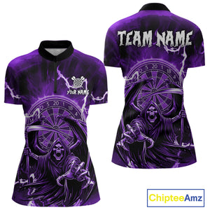 Purple Grim Reaper Lightning 3D Darts Shirt For Women Custom Darts Jersey Team Polo &  1/4 Zip TDM4952