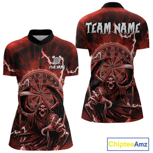 Red Grim Reaper Lightning 3D Darts Shirt For Women Custom Darts Jersey Team Polo &  1/4 Zip TDM4953