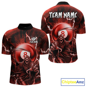 Red Grim Reaper 8 Ball Billiard Shirt For Men Custom Lightning Pool Team Jersey Polo & 1/4 Zip TDM4956