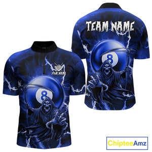 Blue Grim Reaper 8 Ball Billiard Shirt For Men Custom Lightning Pool Team Jersey Polo & 1/4 Zip TDM4957