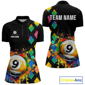 Funny 9 Ball Pool Paint Colorful Argyle Custom Billiard Shirt For Women, Best Pool Team Jersey TDM4962