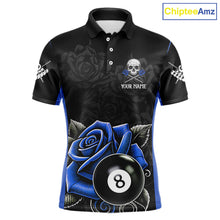 Load image into Gallery viewer, Black And Blue 8 Ball Pool And Roses Custom Skull Billiard Shirts For Men, Billiard Team Jersey TDM6286