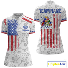 Load image into Gallery viewer, White American flag 8 ball billiard quarter zip shirt for women designed for league tournaments and team events.