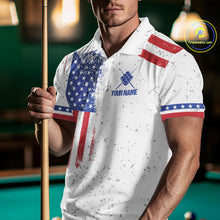 Load image into Gallery viewer, Man wearing a white American flag 9 ball billiard jersey beside a pool table front view.