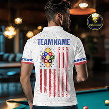 Load image into Gallery viewer, Back view of man wearing a white patriotic 9 ball pool shirt in a billiards hall.