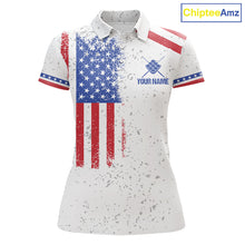 Load image into Gallery viewer, White American flag 9 ball billiard polo shirt for women with patriotic pool team graphics.