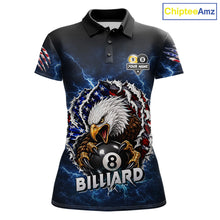 Load image into Gallery viewer, Blue lightning eagle American flag 8 ball and 9 ball billiard polo shirt for women with patriotic pool team graphics.