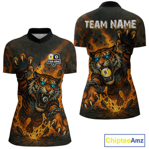 Personalized 8 & 9 Ball Tiger Fire Billiard Shirt For Women Custom Pool Team Jersey Polo & 1/4 Zip TDM4539
