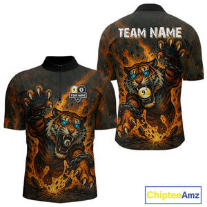 Personalized 8 & 9 Ball Tiger Fire Billiard Shirt For Men Custom Pool Team Jersey Polo & 1/4 Zip TDM4539