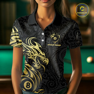 Personalized Black And Gold Tribal Dragon Billiard Shirt For Women Custom 8 Ball Pool Team Jerseys TDM4160