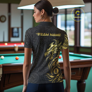Personalized Black And Gold Tribal Dragon Billiard Shirt For Women Custom 8 Ball Pool Team Jerseys TDM4160
