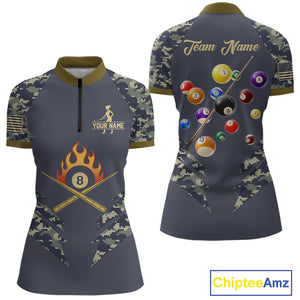 Personalized Flame 8 Ball Camo Billiard Shirts Custom Navy Blue Pool Team Jerseys Polo & 1/4 Zip TDM4332