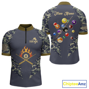 Personalized Flame 8 Ball Camo Billiard Shirts Custom Navy Blue Pool Team Jerseys Polo & 1/4 Zip TDM4332