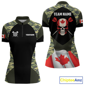 Canada Waving Flag Skull Green Camo Custom Dart Shirts For Women, Patriotic Dart Team Jerseys TDM4165