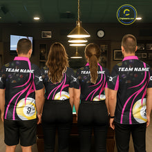 Load image into Gallery viewer, Back view of pool players wearing matching pink billiard shirts in a game room.