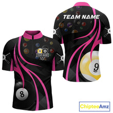 Load image into Gallery viewer, Pink 8 ball and 9 ball billiard quarter zip shirt for men designed for league tournaments and team events.