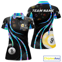Load image into Gallery viewer, Holographic 8 ball and 9 ball billiard polo shirt for women with custom pool team graphics.