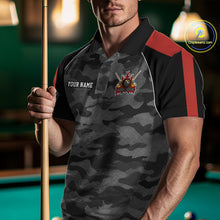 Load image into Gallery viewer, Man wearing a red camouflage American flag 8 ball billiard jersey beside a pool table front view.