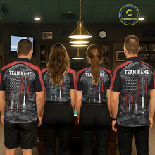 Load image into Gallery viewer, Back view of pool players wearing matching red camo billiard shirts in a game room.