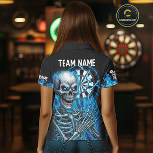Blue Flaming Lightning Skeleton Darts Shirt For Women Custom Darts Jersey Team Polo & Quarter Zip TDM4344