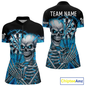 Blue Flaming Lightning Skeleton Darts Shirt For Women Custom Darts Jersey Team Polo & Quarter Zip TDM4344