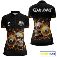 Load image into Gallery viewer, Personalized Skull 8 Ball &amp; 9 Ball Fire Billiard Shirt For Women Custom Billiard Pool Team Jersey TDM5425