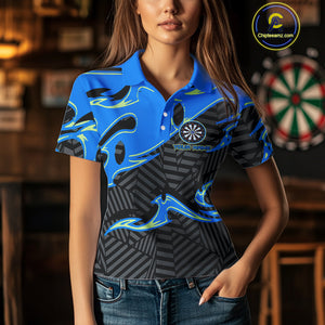 Custom Black And Blue Tribal Flame Dart Shirts For Women, Darts Team Jerseys Polo & Quarter Zip TDM3970
