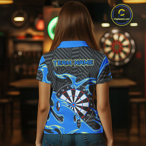 Custom Black And Blue Tribal Flame Dart Shirts For Women, Darts Team Jerseys Polo & Quarter Zip TDM3970