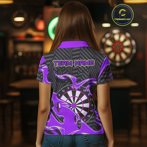 Custom Black And Purple Tribal Flame Dart Shirts For Women, Darts Team Jerseys Polo & Quarter Zip TDM3971