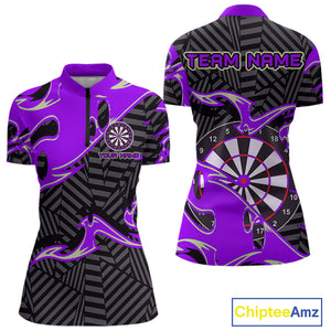 Custom Black And Purple Tribal Flame Dart Shirts For Women, Darts Team Jerseys Polo & Quarter Zip TDM3971