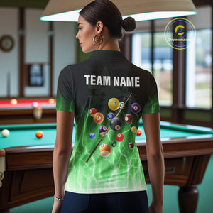 Custom Billiard Shirt For Women, Green Thunder Lightning Wolf Pool Balls Team Jersey Polo & 1/4 Zip TDM4560