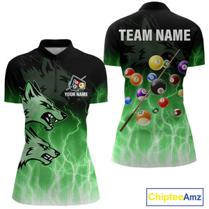 Custom Billiard Shirt For Women, Green Thunder Lightning Wolf Pool Balls Team Jersey Polo & 1/4 Zip TDM4560