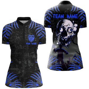 Funny Skull Claw Pattern Custom Women Billiard Shirts, Grunge Blue Black Cool Billiard Jerseys TDM3202